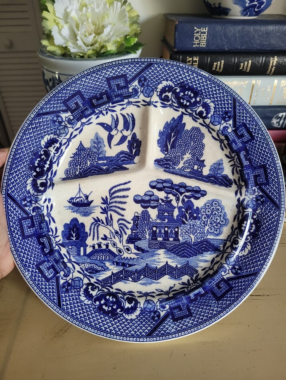 Blue and White Transferware Plate Blue Willow Divided Plate 13" Vintage Japan